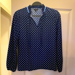 Talbots navy dot ruffle neck blouse
